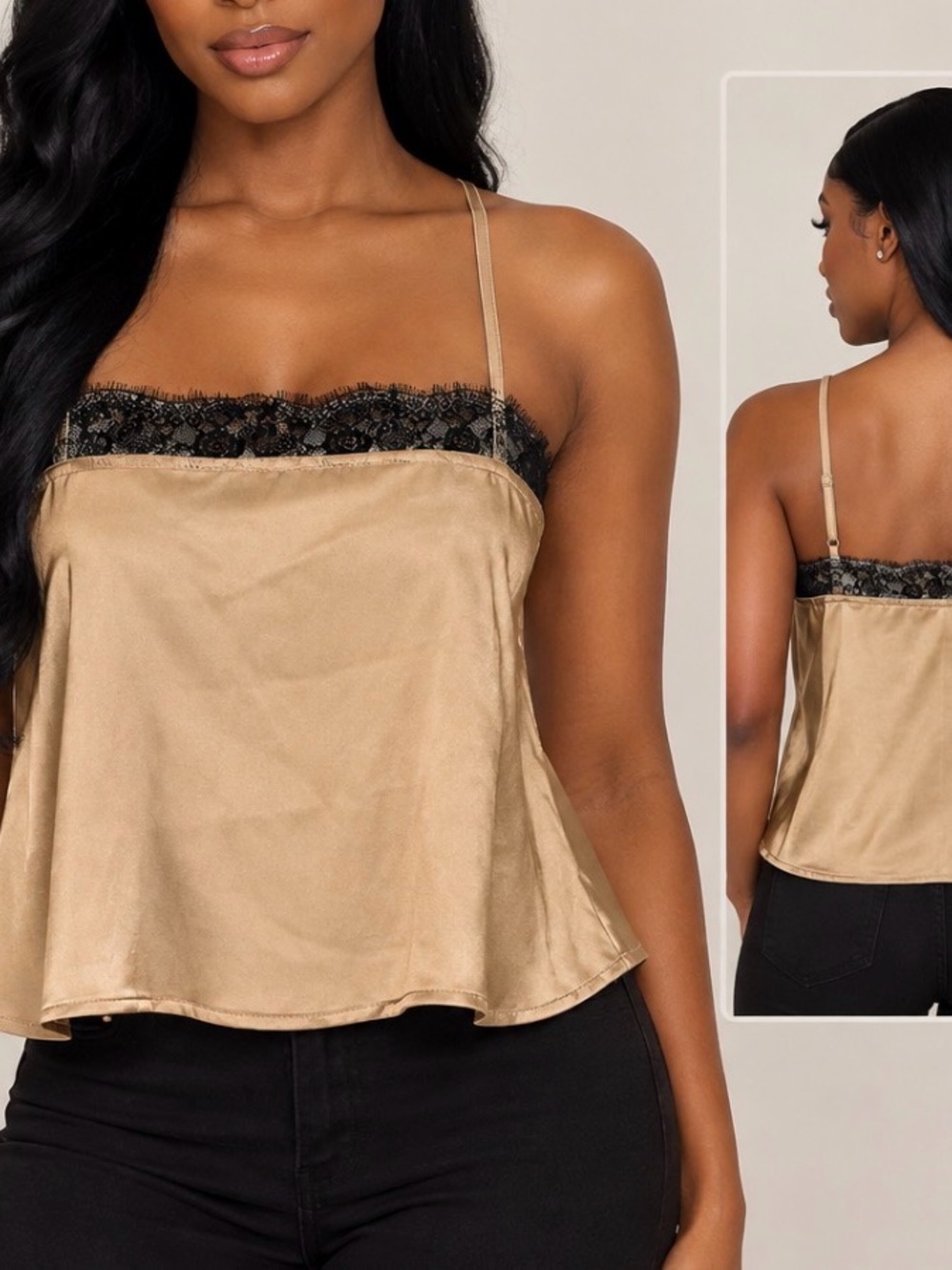 Forever 21 Gold Satin Camisole with Black Lace Trim